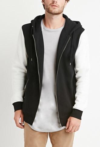 21 Men Men's  Zippered Colorblock Hoodie (black/white)