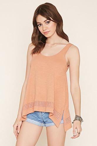 Forever21 Women's  Tan Embroidered Lace Trapeze Top