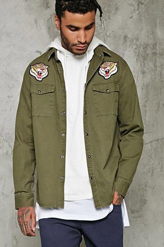 Forever21 Tiger Patched Slim-fit Shirt