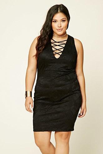 Forever21 Plus Women's  Black Plus Size Lace-up Bodycon Dress
