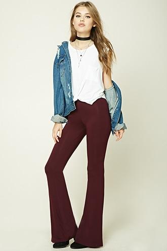 Forever21 Women's Burgundy Stretch-knit Flared Pants