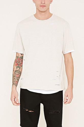21 Men Men's  Taupe & White Distressed Layered Tee