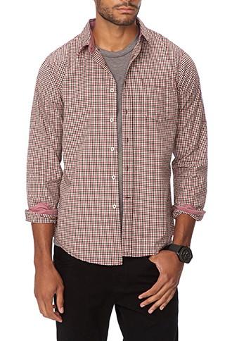 21 Men Men's  Slim Fit Plaid Button Down (red/black)