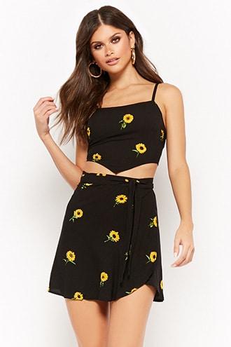 Forever21 Motel Sunflower Print Wrap Mini Skirt