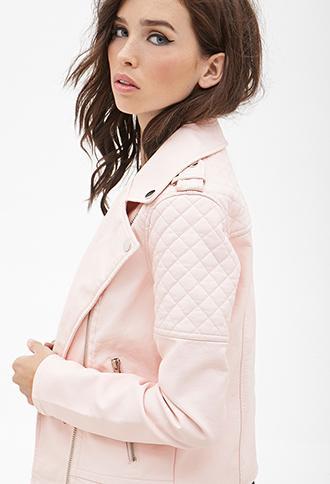 Forever21 Quilted Faux Leather Jacket Pink Small