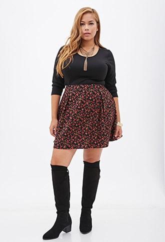 Forever21 Rose Print Corduroy Skater Skirt