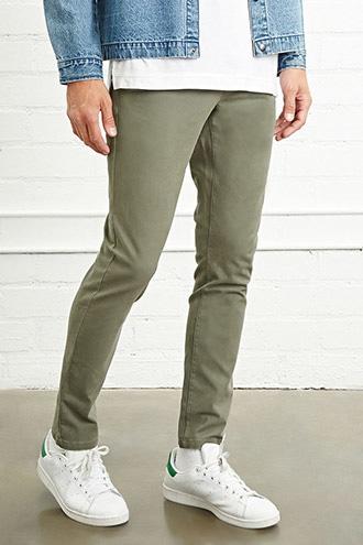 21 Men Men's  Olive Belted Slim-fit Pants