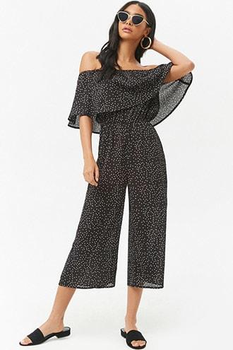 Forever21 Polka Dot Off-the-shoulder Flounce Jumpsuit