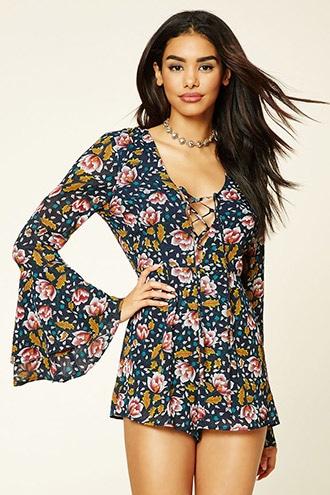 Forever21 Women's  Navy & Burgundy Lace-up Floral Print Romper