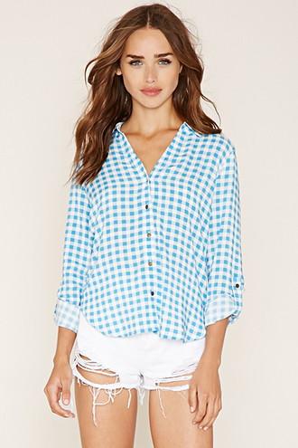 Forever21 Women's Blue Checkered Button-down Shirt