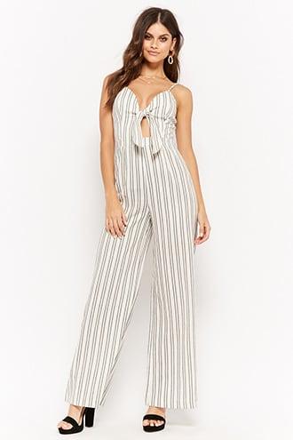 Forever21 Striped Linen-blend Tie-front Jumpsuit