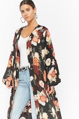 Forever21 Floral Open-front Longline Cardigan