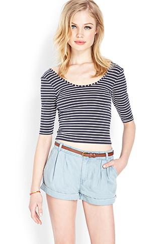 Forever21 Pleated Chambray Shorts W/ Belt