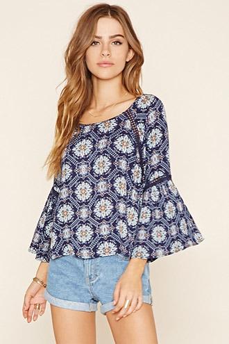 Forever21 Women's  Navy & Cream Ornate Print Peasant Top