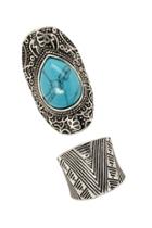 Forever21 B.silver & Teal Faux Stone Etched Ring Set