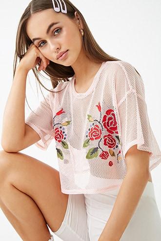 Forever21 Fishnet Floral Embroidered Crop Top