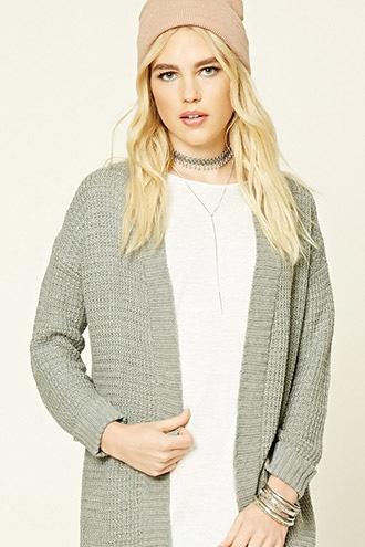 Forever21 Women's  Heather Grey Longline Waffle Knit Cardigan
