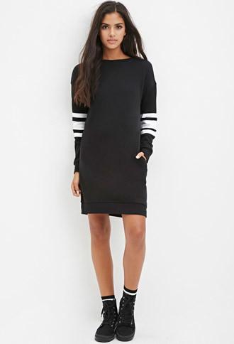 Forever21 Women's  Varsity-striped Sweatshirt Dress (black/cream)