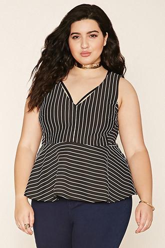 Forever21 Plus Women's  Plus Size Pinstripe Peplum Top