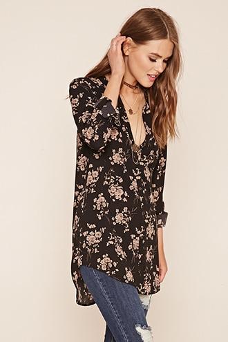 Forever21 Women's  V-neck Floral Longline Shirt