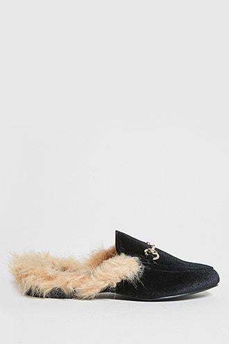 Forever21 Faux Fur Trim Loafer Slides