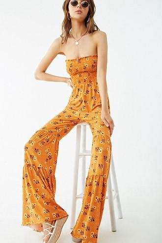 Forever21 Floral & Polka-dot Strapless Flare Jumpsuit