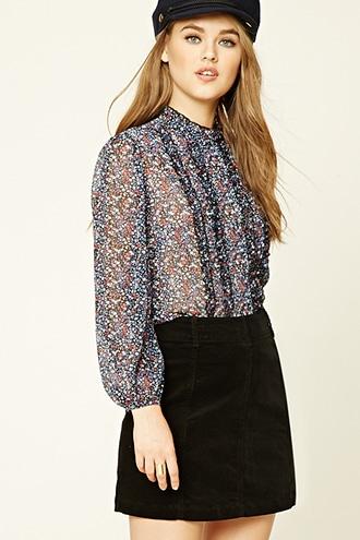 Forever21 Women's  Floral Pinstripe Ruffle Top