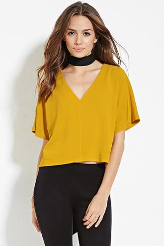 Forever21 Women's  Mustard Contemporary Boxy V-neck Top