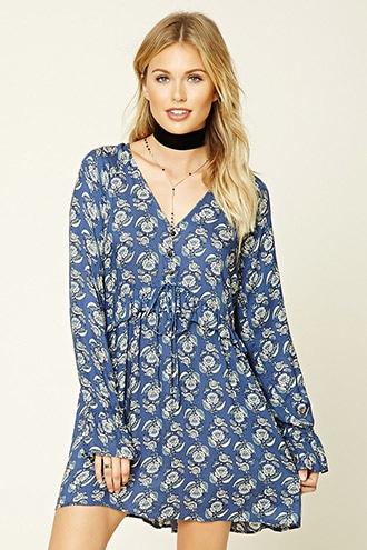 Love21 Women's  Blue & Cream Contemporary Floral Print Dress