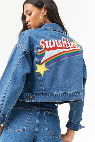 Forever21 Sunshine Embroidered Cropped Denim Jacket