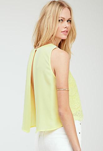 Forever21 Floral Lace Split-back Top Yellow Small