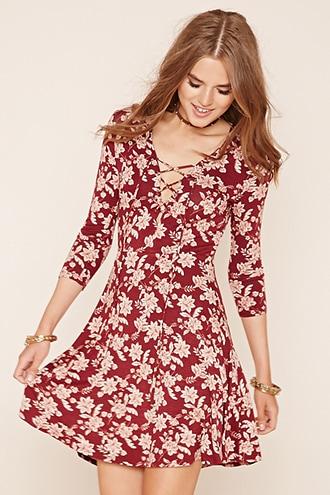Forever21 Women's Burgundy & Cream Floral Print Skater Dress