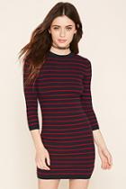 Forever21 Women's  Dark Navy & Brick Striped Sweater Dress