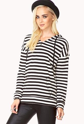 Forever21 Women's  Black & Ivory Everyday Striped Hoodie
