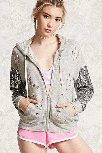 Forever21 Sequin Sleeve Distressed Hoodie