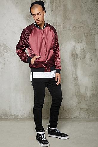 21 Men Men's  Striped Satin Bomber Jacket