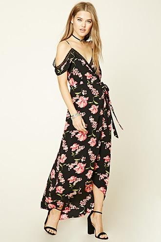 Forever21 Women's  Black & Red Floral Print Maxi Dress