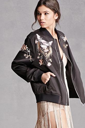 Forever21 Floral Embroidered Satin Bomber