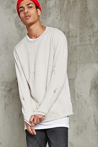 21 Men Men's  Cream Distressed Raw-cut Sweater