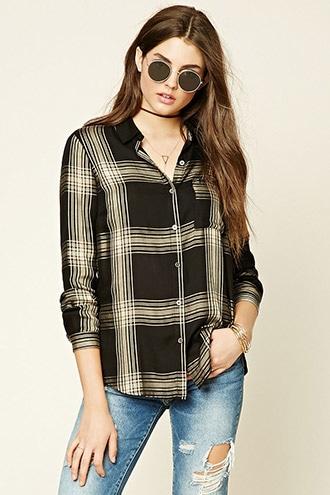 Forever21 Women's  Black & Taupe Tartan Plaid Shirt
