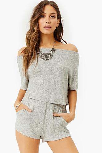 Forever21 Marled Brush-knit Off-the-shoulder Top & Shorts Set