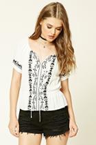 Forever21 Women's  Ivory & Black Floral Embroidered Peasant Top