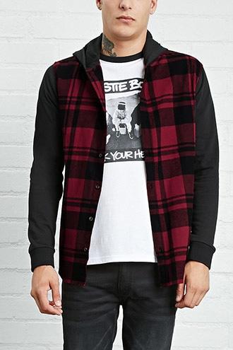 21 Men Men's  Burgundy & Black Hooded Plaid Flannel Shirt