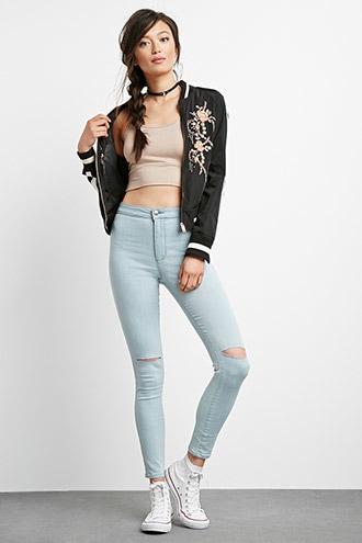 Forever21 Women's  Light Wash Ripped Skinny Jeans