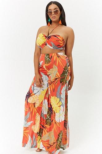 Forever21 Plus Size Tropical Leaf Print Cropped Halter & Pants Set