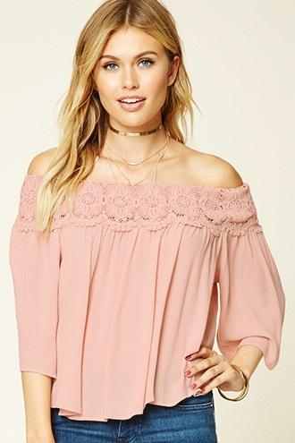 Love21 Women's  Pink Contemporary Crochet Gauze Top