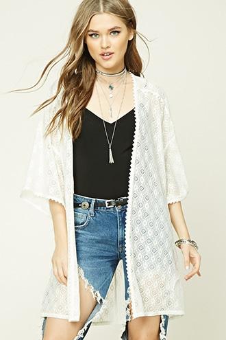 Forever21 Women's  Cream Crochet Open-front Kimono