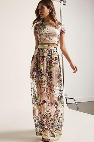 Forever21 Sheer Mesh Floral Embroidered Crop Top & Maxi Skirt Set