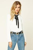 Forever21 Women's  Cream & Black Ruffled Tie-neck Blouse