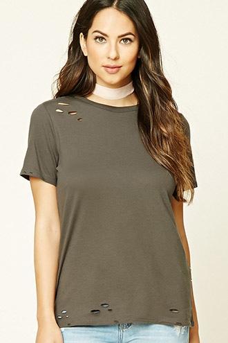 Forever21 Women's  Distressed Raw-cut Tee